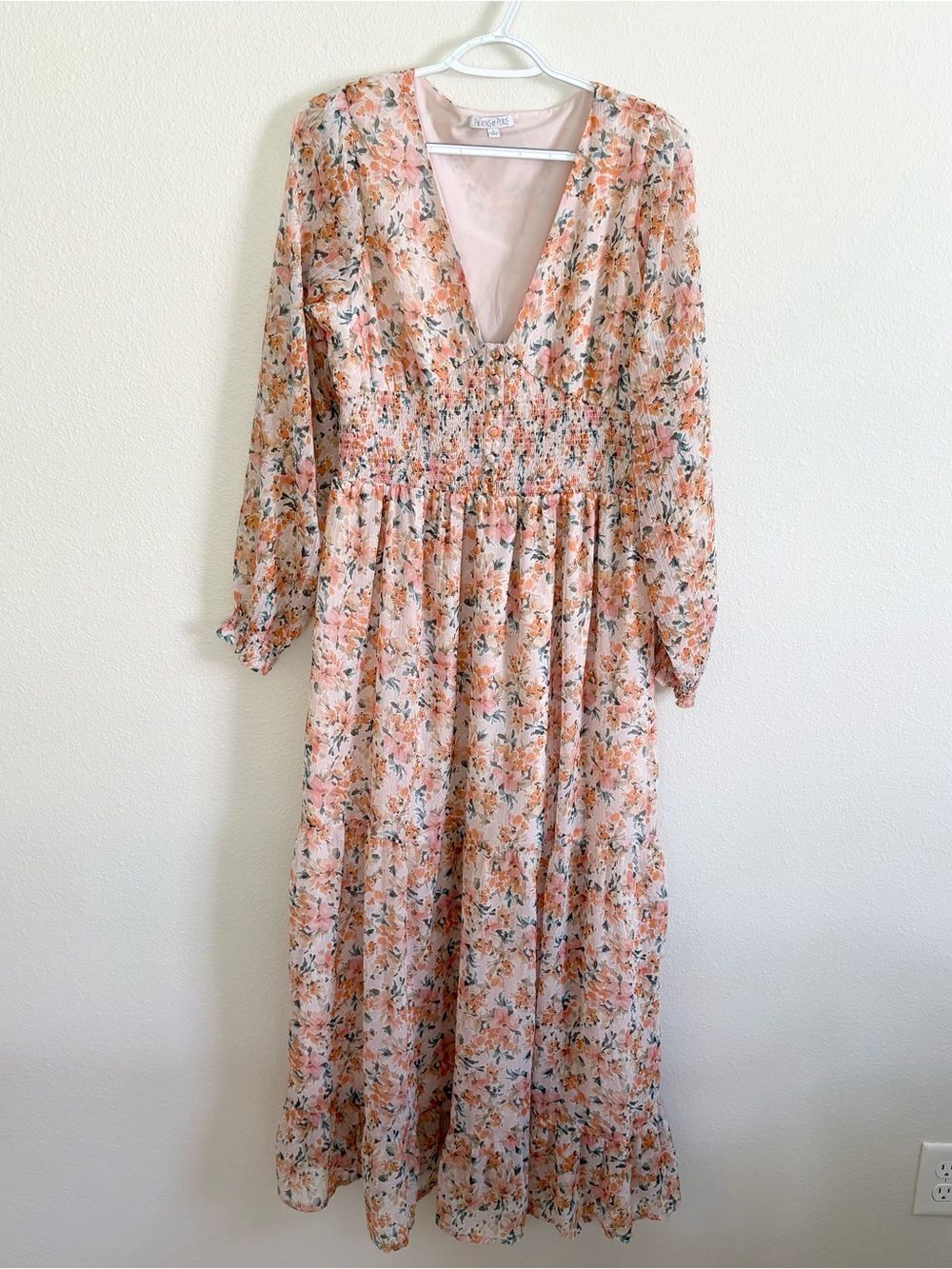Patrons of Peace Maxi Dress Size L Floral Long Sleeve Boho Smocked Cottagecore
